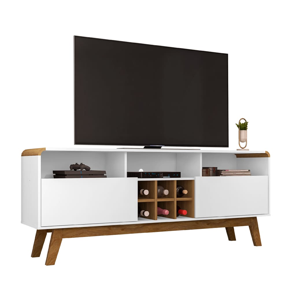 Rack LarimarTV Até `` Pés Madeira Retro Branco/Cinamomo - Móveis Bechara