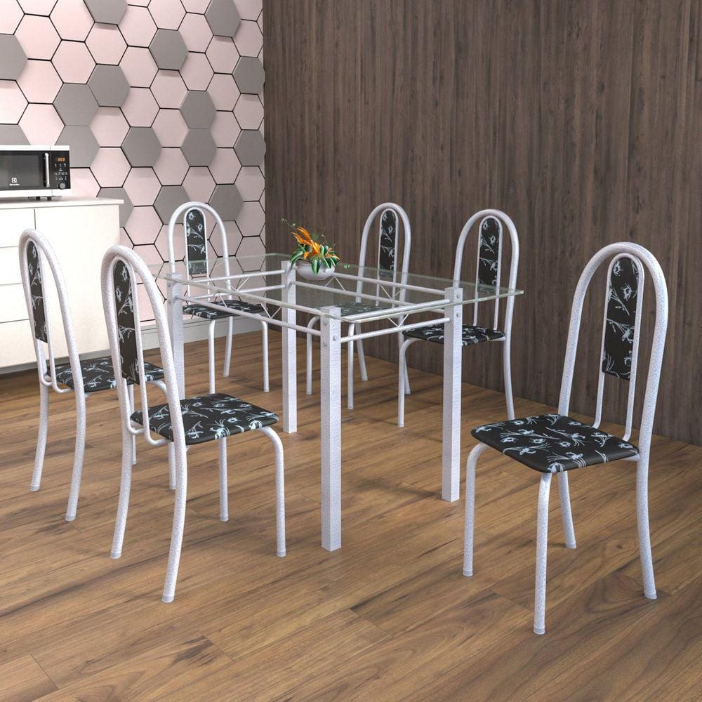 Conjunto de Mesa Tubular 6 Cadeiras 140cm com Tampo de Vidro Iris Soma Móveis Preto Floral/Pérola