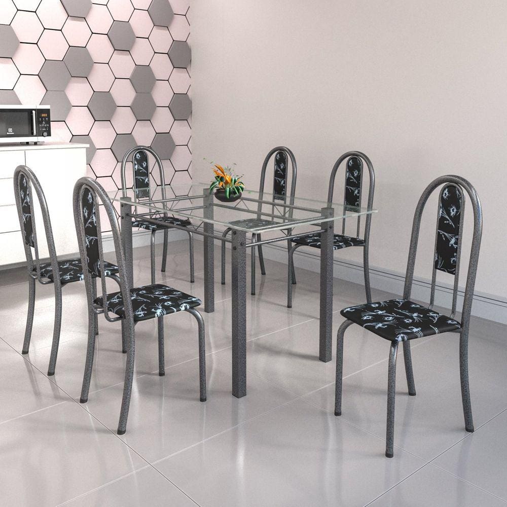 Conjunto de Mesa Tubular 6 Cadeiras 140cm com Tampo de Vidro Iris Soma Móveis Preto Floral/Prata