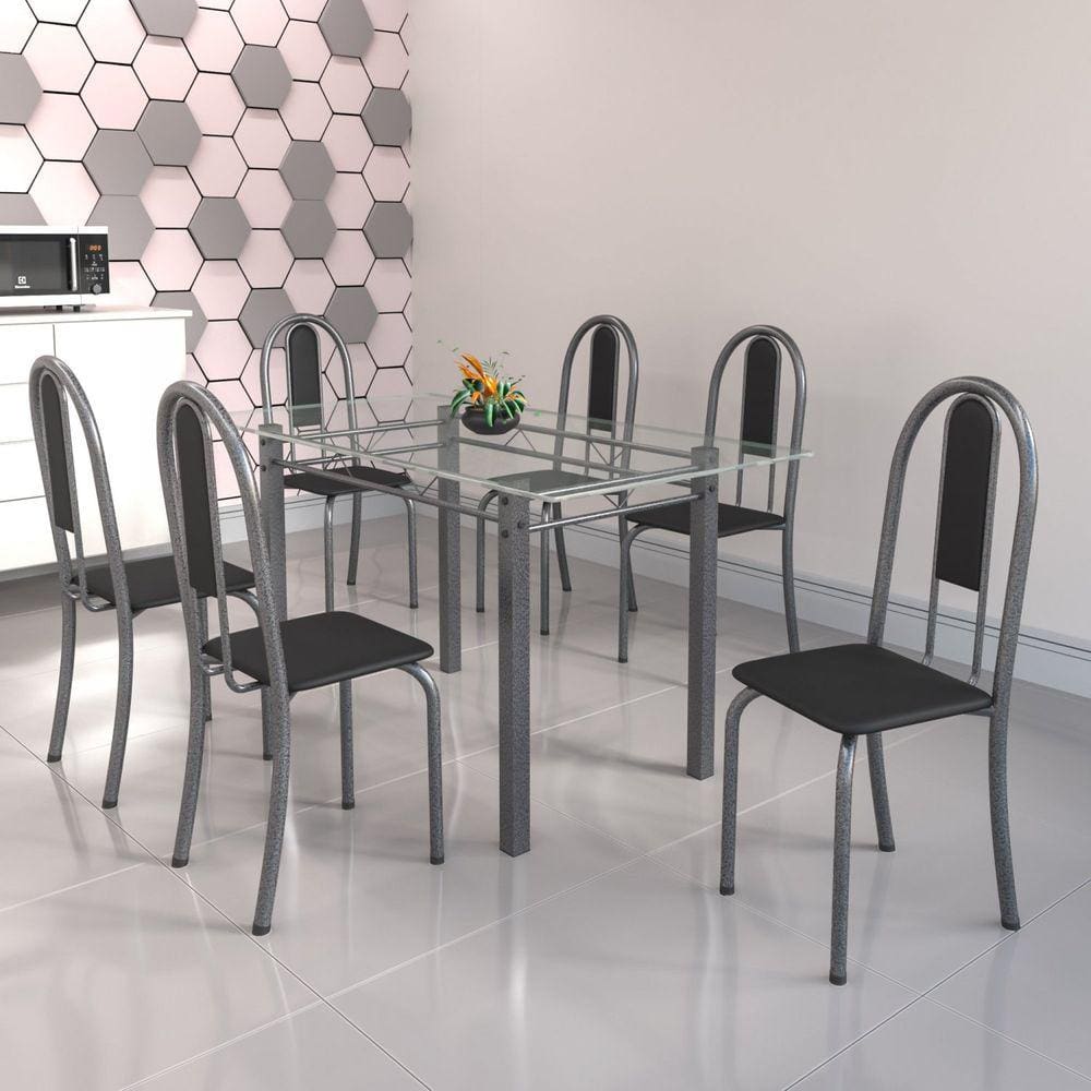 Conjunto de Mesa Tubular 6 Cadeiras 140cm com Tampo de Vidro Iris Soma Móveis Preto/Prata