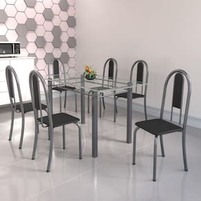 Conjunto de Mesa Tubular 6 Cadeiras 140cm com Tampo de Vidro Iris Soma Móveis Preto/Prata