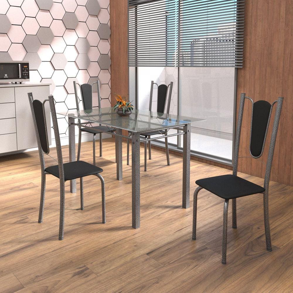 Conjunto de Mesa Tubular 4 Cadeiras 120cm com Tampo de Vidro Marromissa Soma Móveis Preto/Prata
