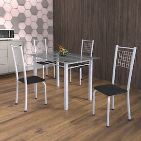 Conjunto de Mesa Tubular 4 Cadeiras 120cm com Tampo de Vidro Iza Soma Móveis Preto/Pérola