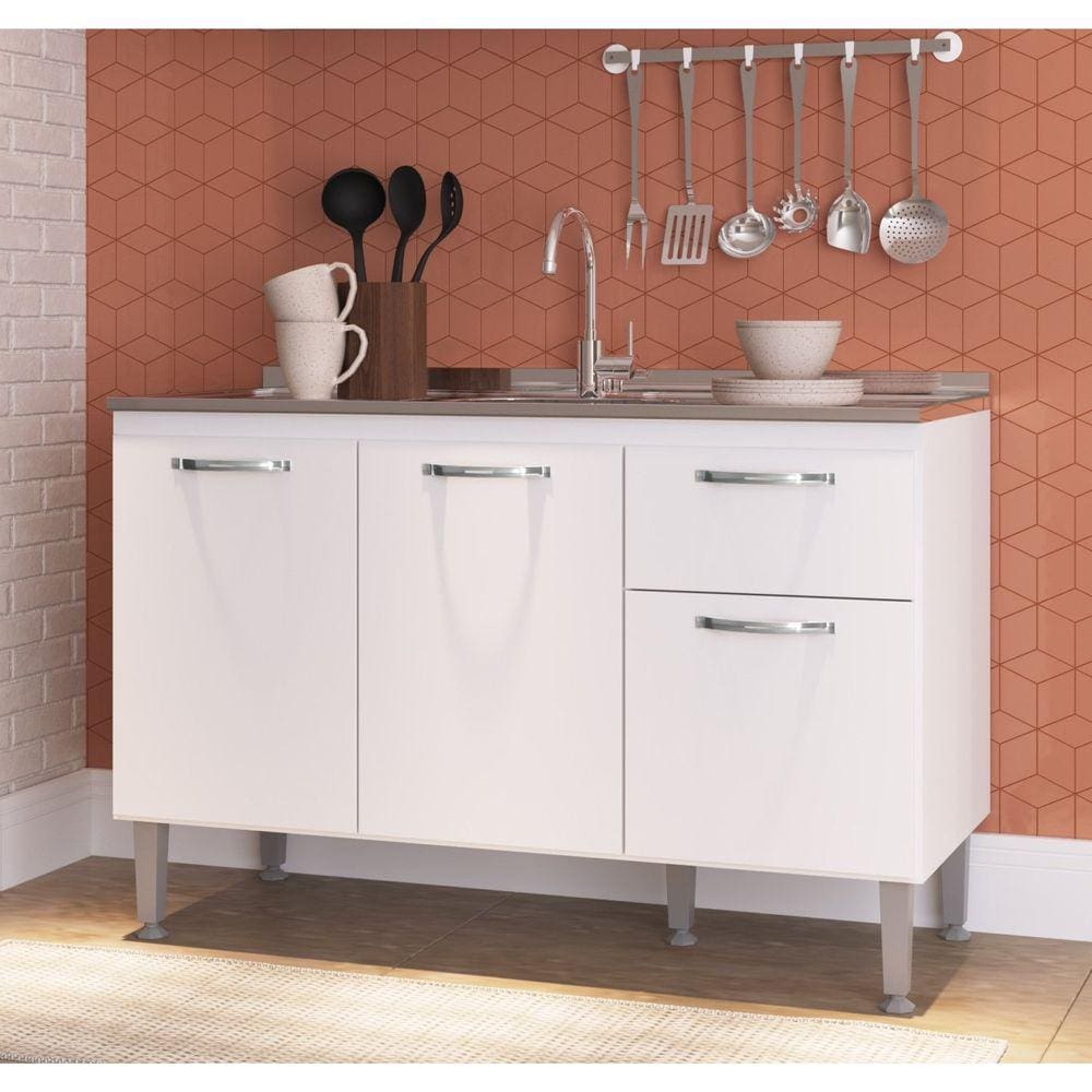 Balcão de Cozinha 120cm 3 Portas 1 Gaveta sem Tampo Light IRM Móveis Branco