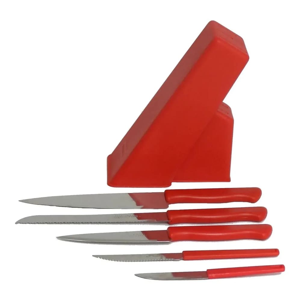 Conjunto de Facas 06 Peças e Cepo Vermelho Cozinha Churrasco