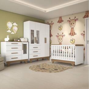 Quarto de Bebê Completo com Guarda Roupa com Janela Cômoda e Berço Kakau Espresso Móveis Branco Brilho/Carvalho