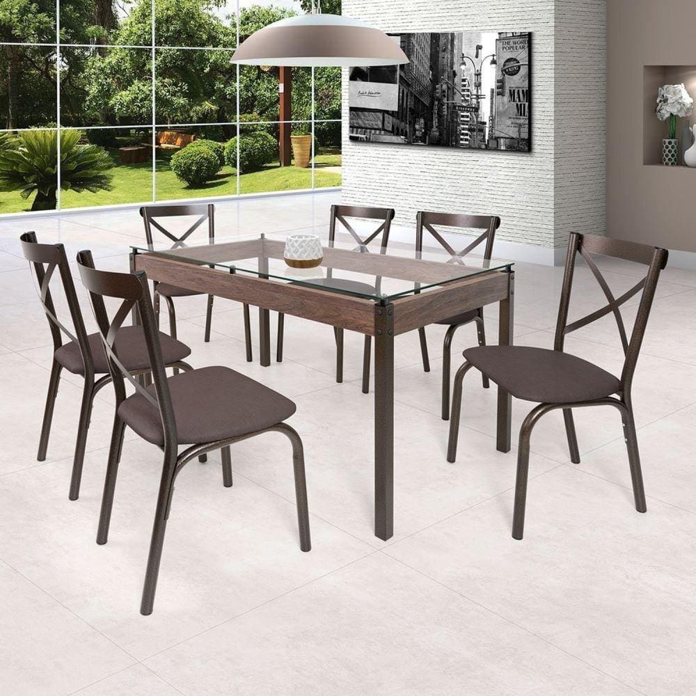 Conjunto Mesa 140cm Tampo em Vidro com 6 Cadeiras Karina Ciplafe Bronze/Linho Marrom