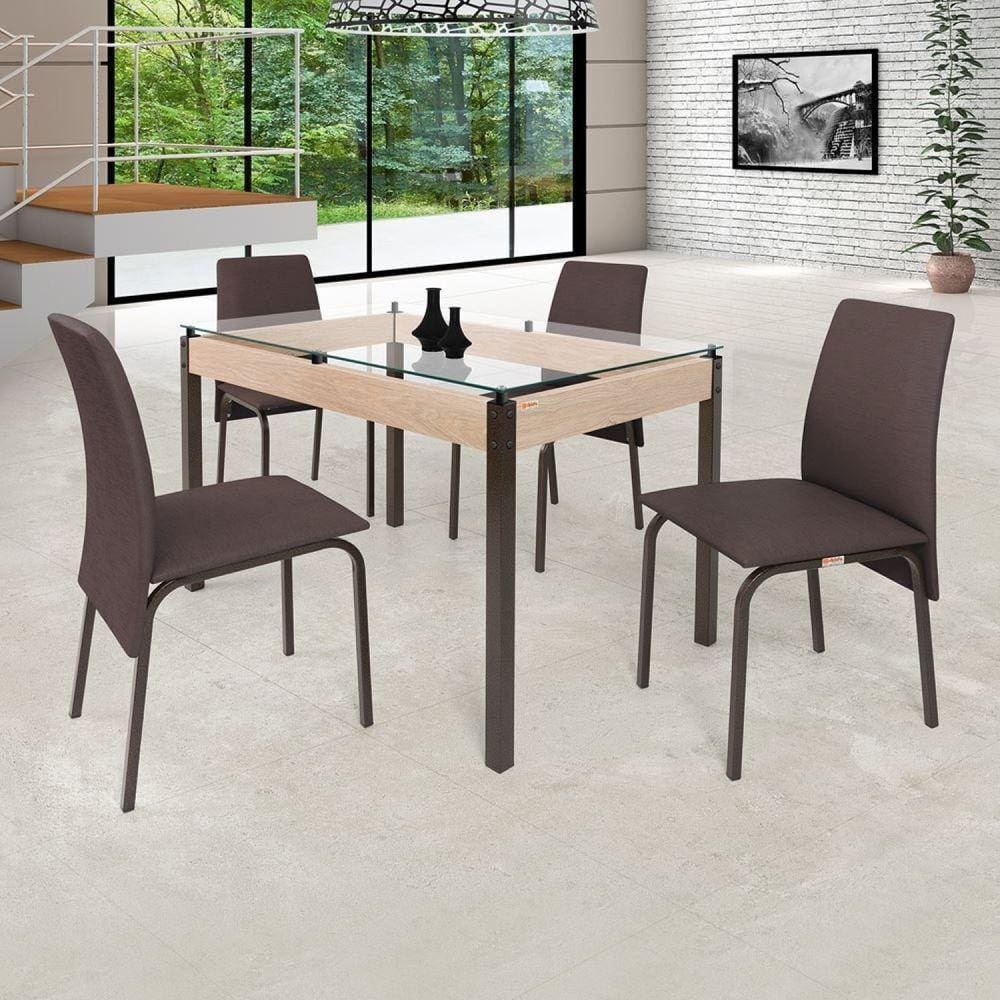Conjunto Mesa 120cm Tampo em Vidro 4 Cadeiras Barcelona Ciplafe Bronze/Linho Marrom