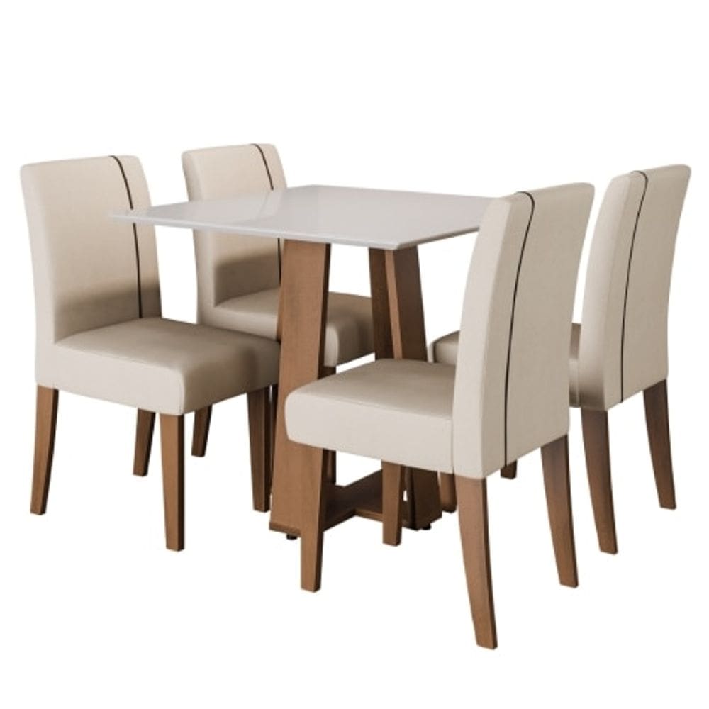 Conjunto de Mesa Sala de Jantar Atenas com 4 Cadeiras Carvalho/Off White/Bege 0,90m Dobuê