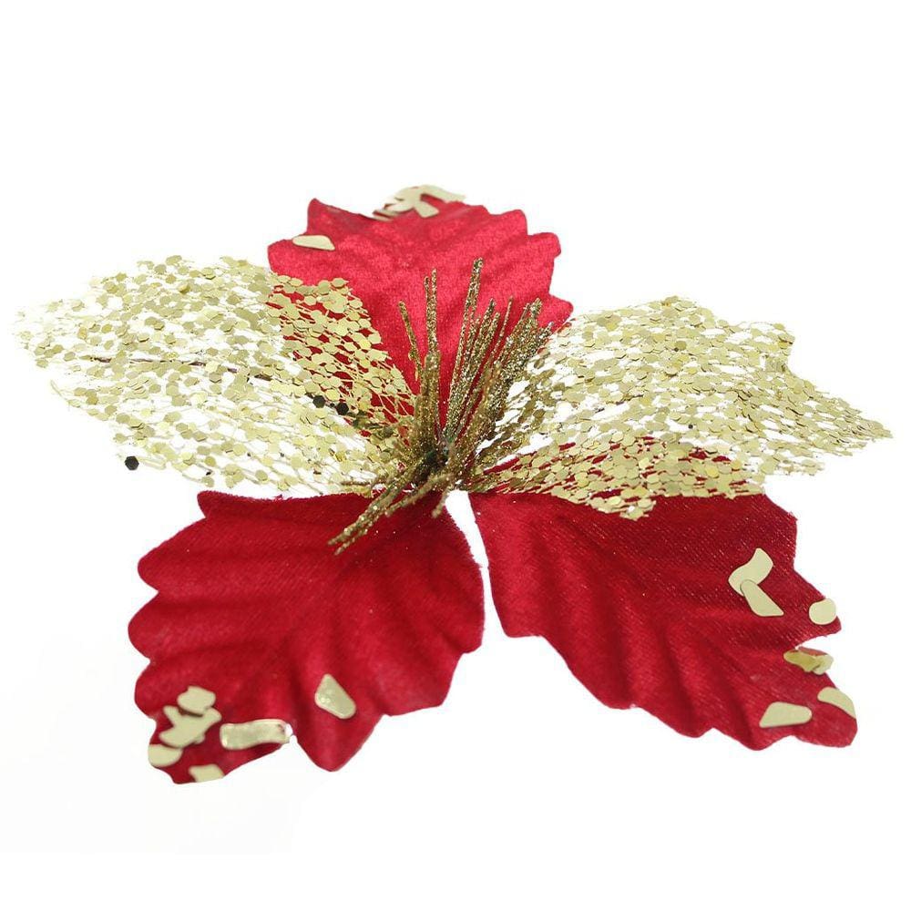 Decoração Flor De Natal Vermelha Artificial Com Brilho 19cm
