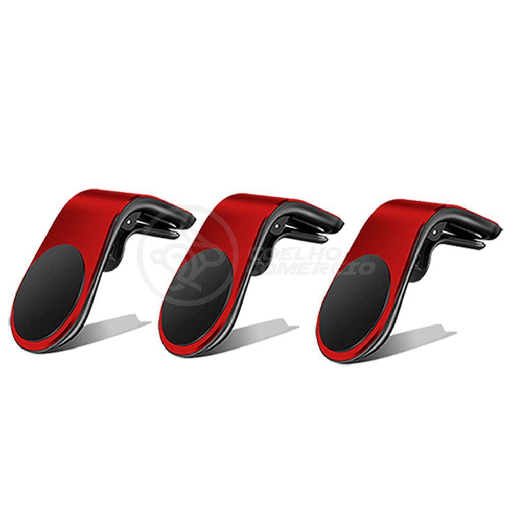 Kit 3 Suporte Adaptador Magnético Veicular Universal Clip Car Holder Para Painel De Carro Tipo L  - VERMELHO