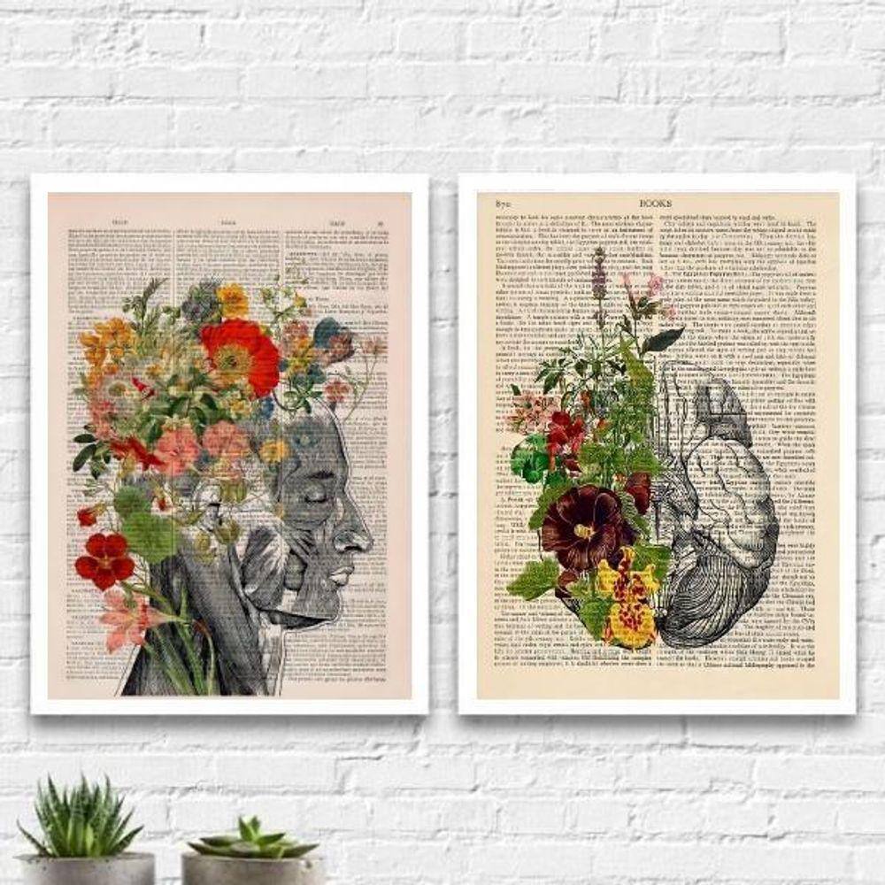 Kit 2 Quadros Psiquiatria Cérebro Flores 33X24 Vidro Branca