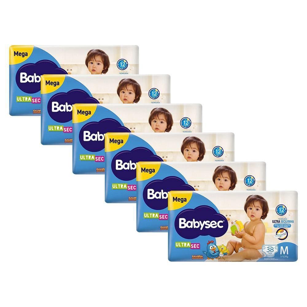 Kit 6 Fraldas Babysec Galinha Pintadinha Ultrasec Mega Tamanho M 38 unidades cada