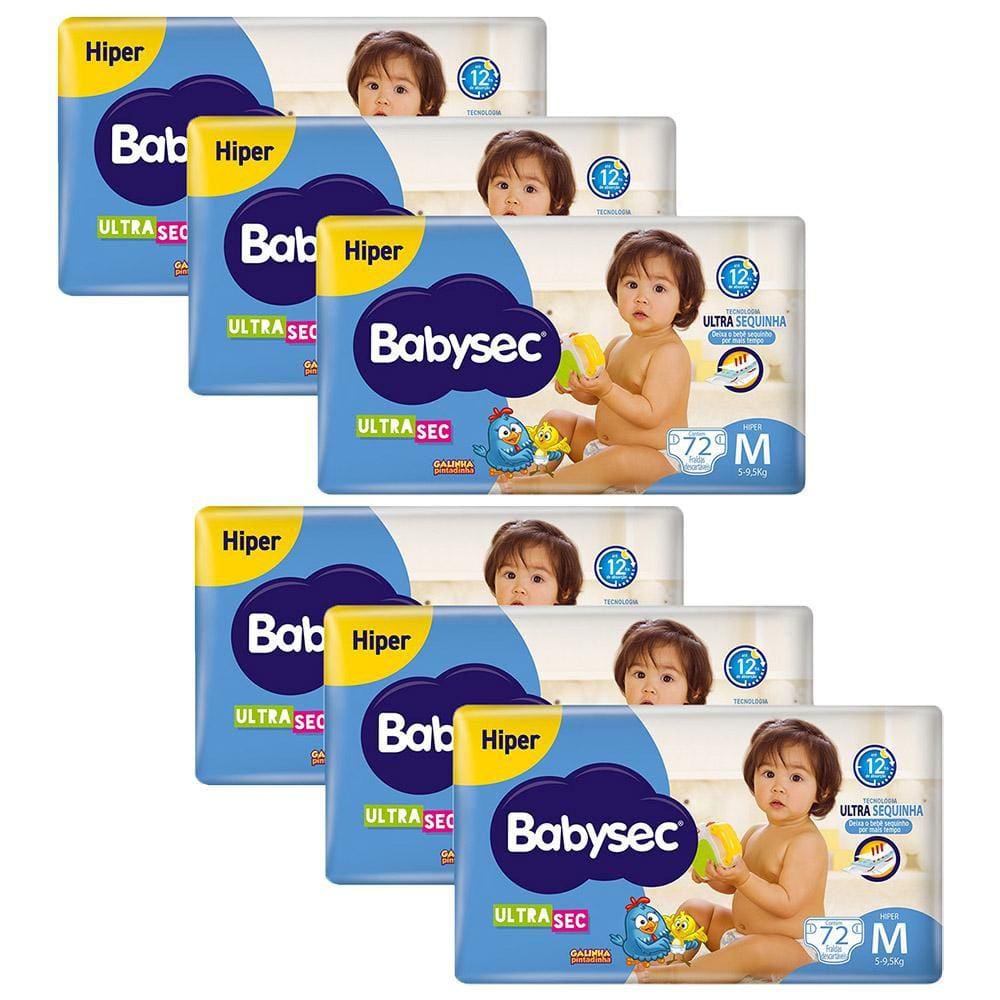Kit 6 Fraldas Babysec Galinha Pintadinha Ultrasec Hiper Tamanho M 72 unidades cada
