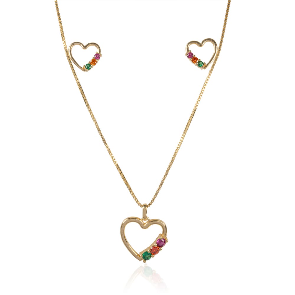 Conjunto Colar e Brinco Coração Vazado Banhado a Ouro 18K