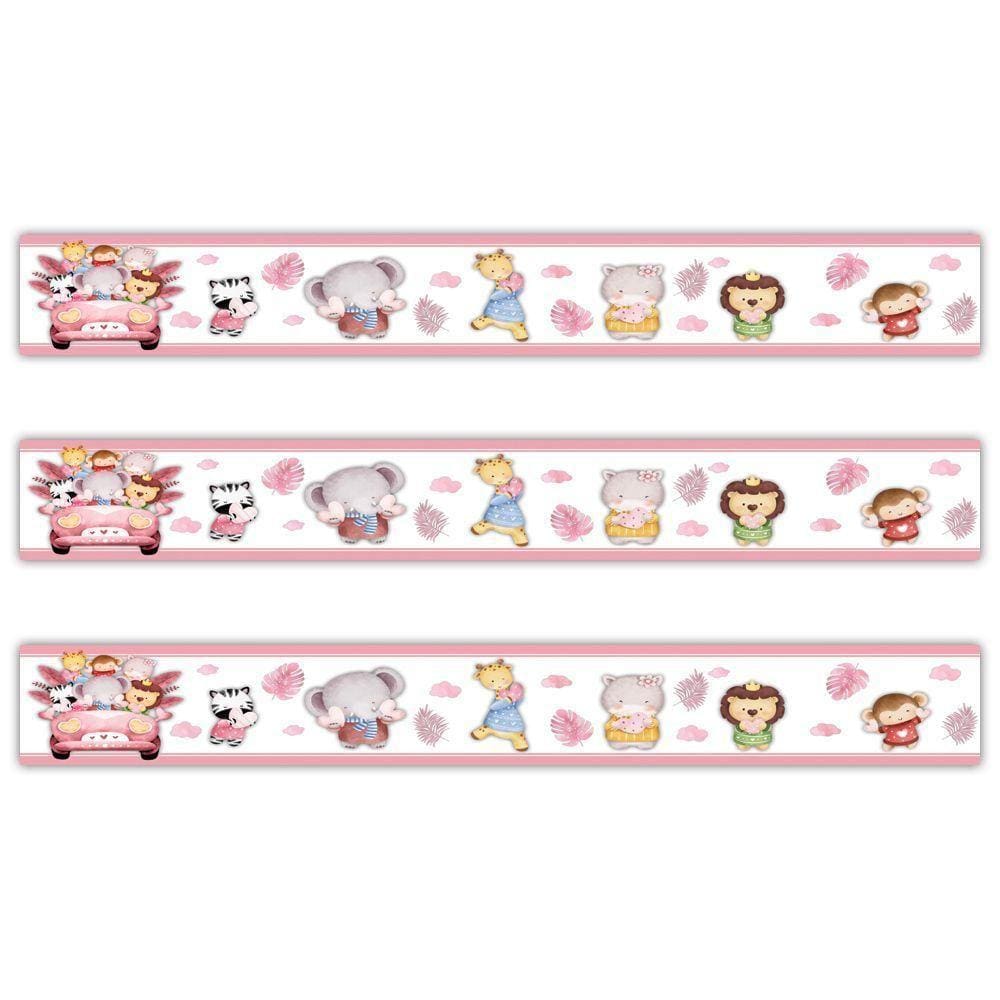 Kit 3 Faixas Decorativas Papel Parede Infantil Animais Carro Titulo Rosa