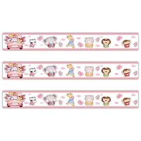 Kit 3 Faixas Decorativas Papel Parede Infantil Animais Carro Titulo Rosa