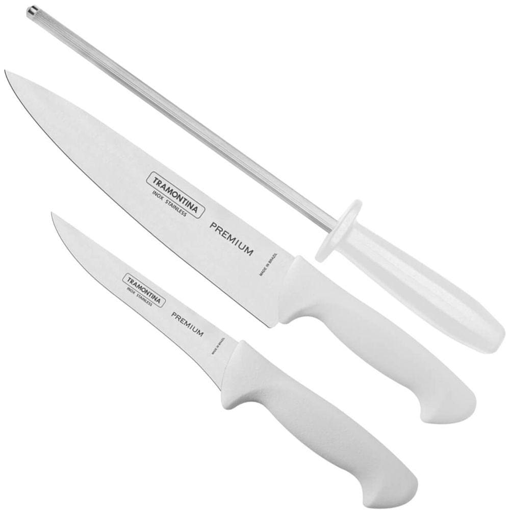 Jogo De Facas Tramontina Premium Inox 3 Pçs 5` E 8` Chaira Branco