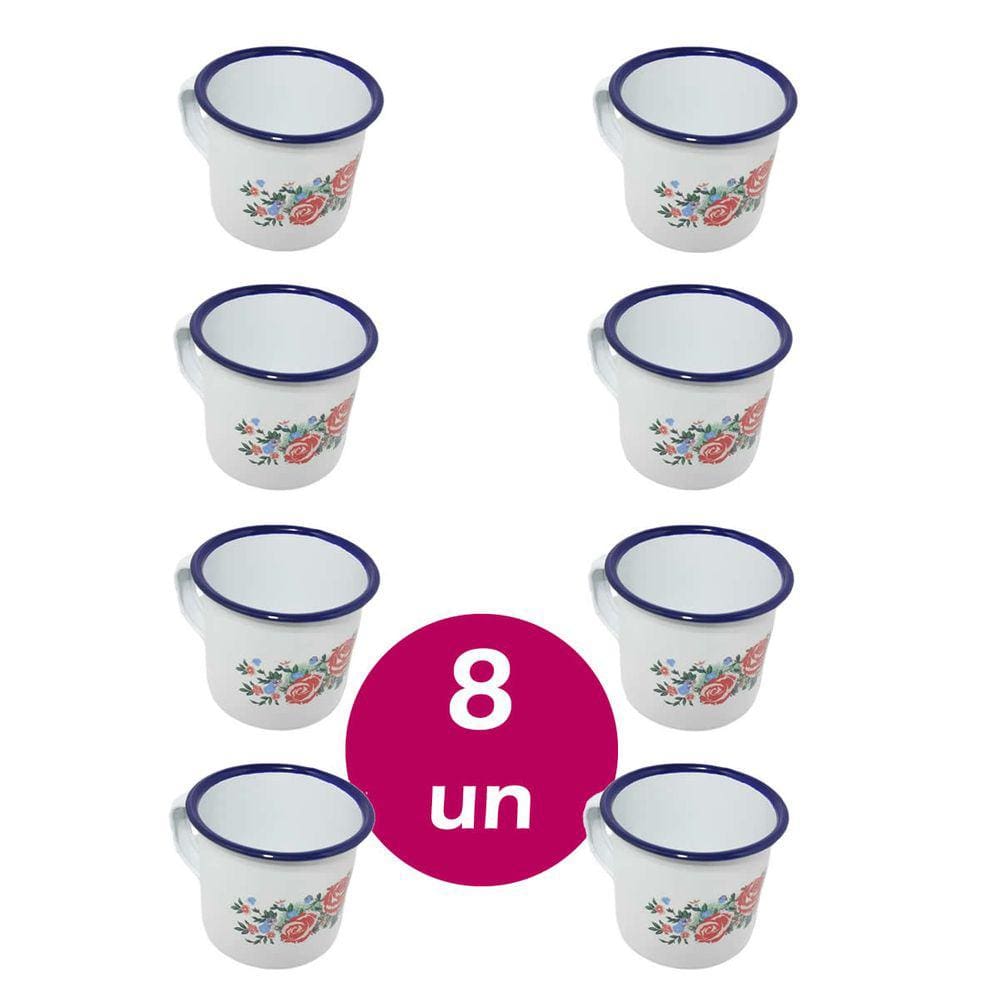 Kit 8 Canecas Café Esmaltada Branca 150Ml Retrô