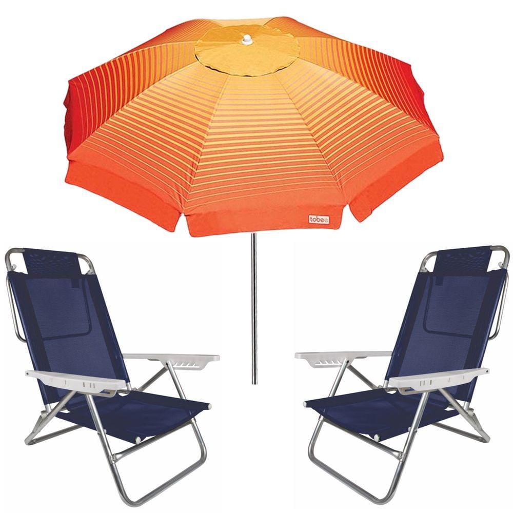 Kit Guarda Sol 2,2m Articulado Cancun Cadeira Reclinável Summer 6 Posições Alumínio Praia Jardim Camping Piscina