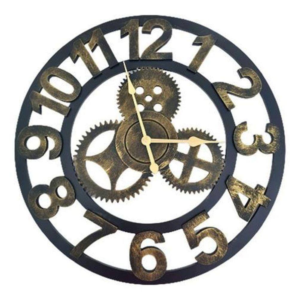 Relógio De Parede 3D Industrial Preto Dourado Europeu 50Cm