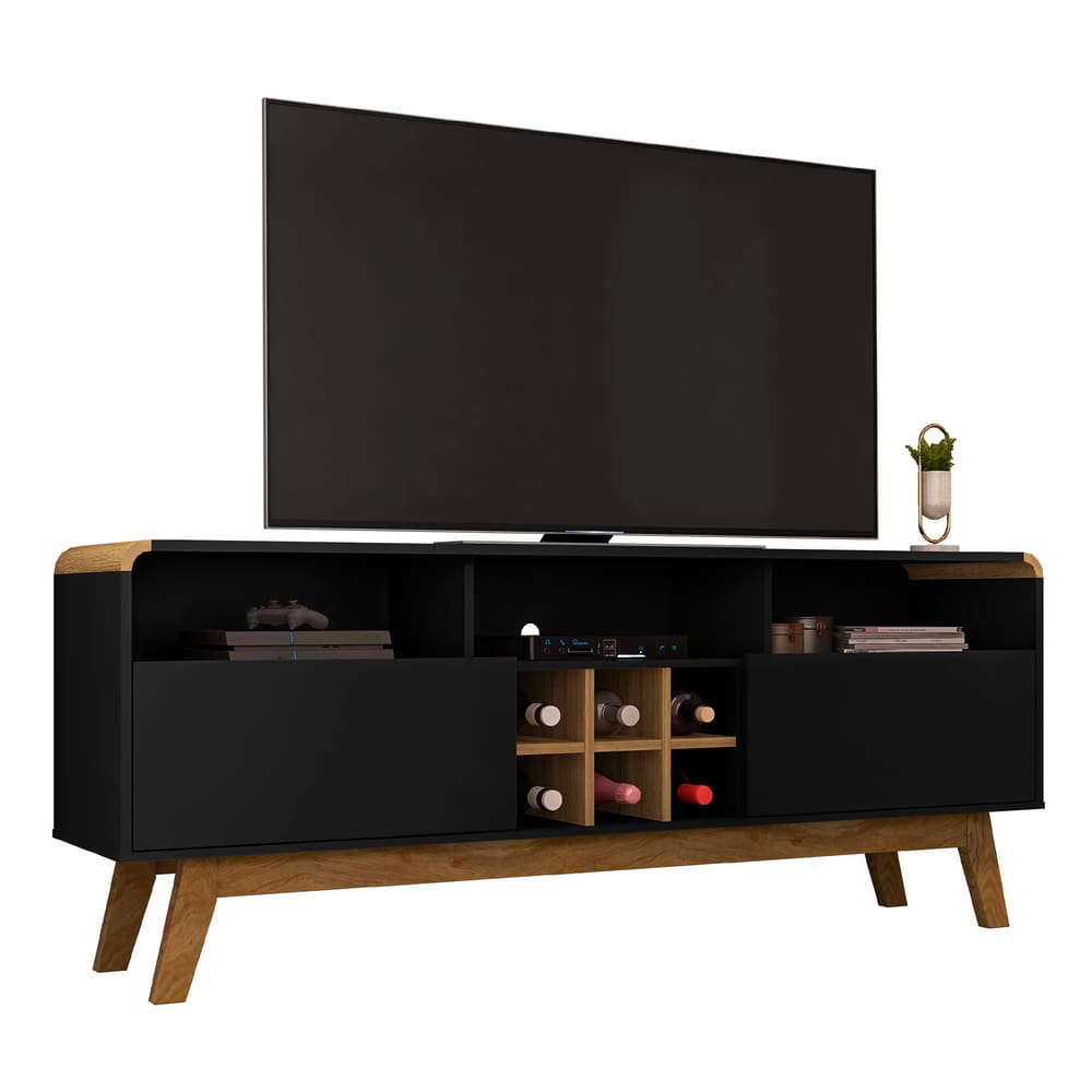 Rack LarimarTV Até `` Pés Madeira Retro Preto Fosco/Cinamomo - Móveis Bechara