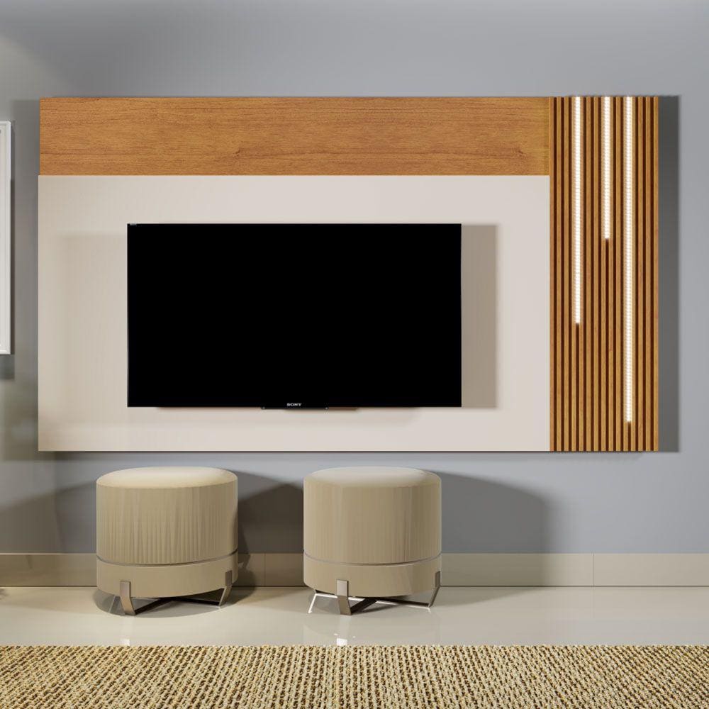 Painel para TV até 75" com Detalhe Ripado e LED Cascata Valencia Naturalle/Off White