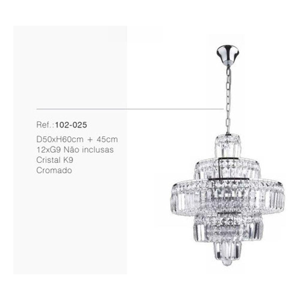 Lustre Pendente Cristal K9 Prateado 50x60cm 12xg9