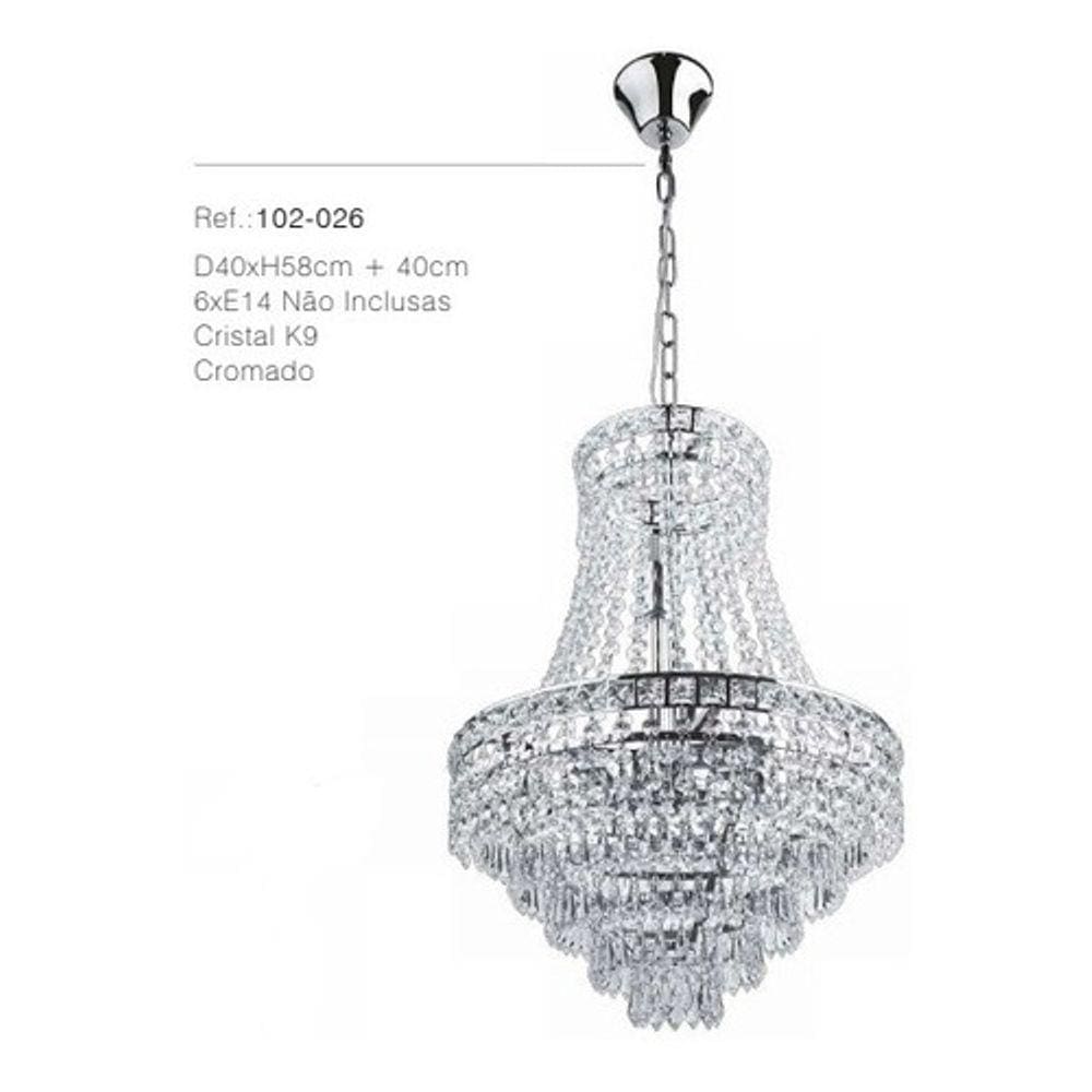 Lustre Pendente Cristal K9 Prateado D40x58cm 6xe14