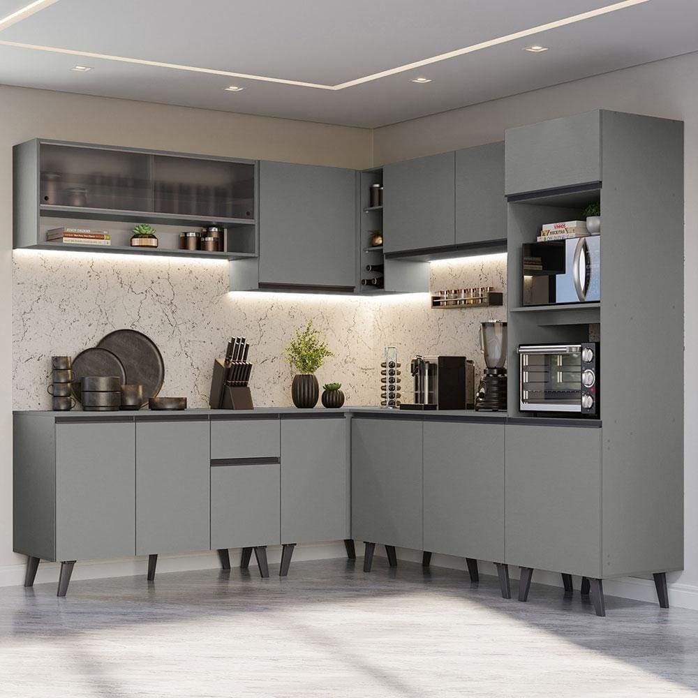 Armário De Cozinha Completa 445cm Cinza Nice 02 Cinza