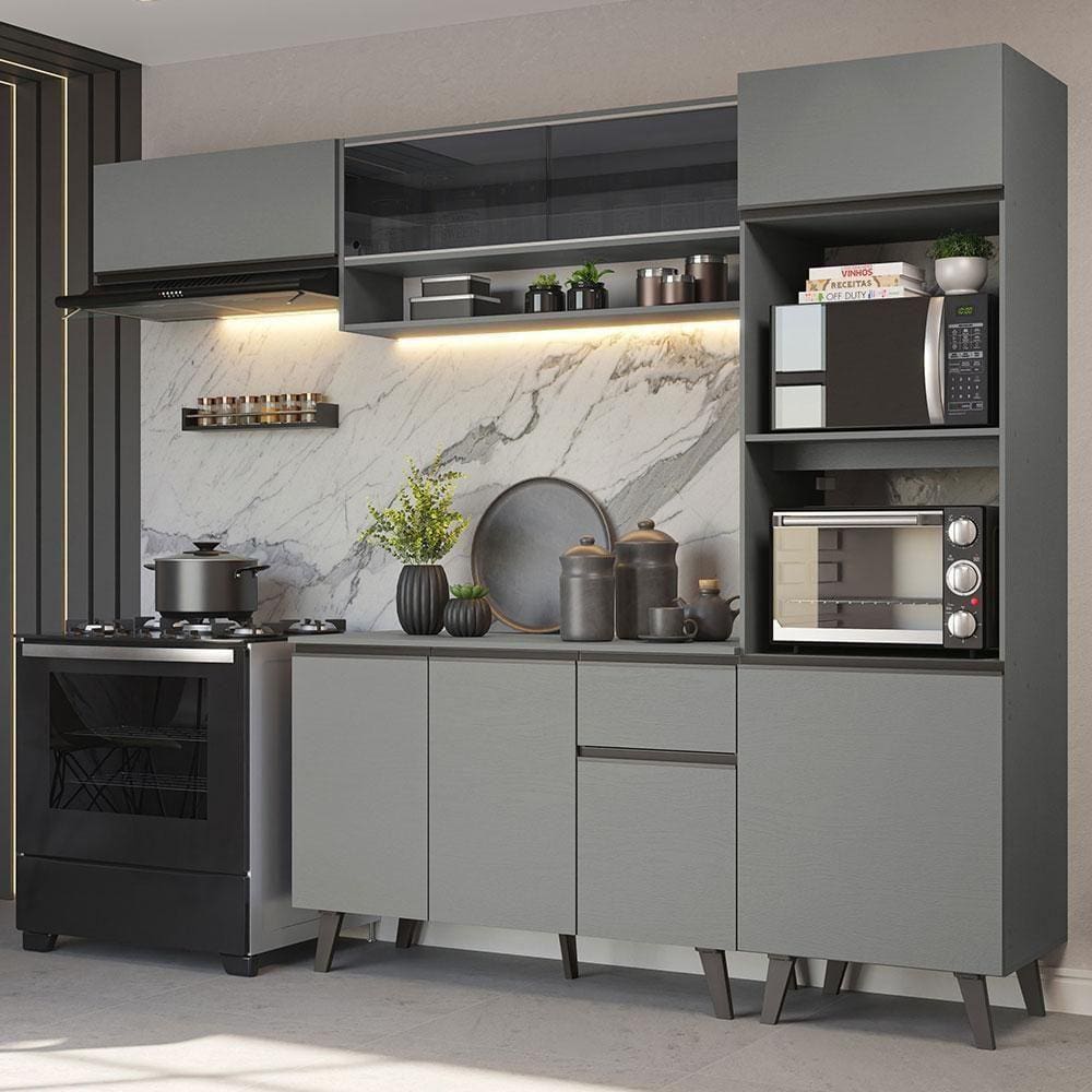 Armário De Cozinha Completa 260cm Cinza Nice 03 Cinza