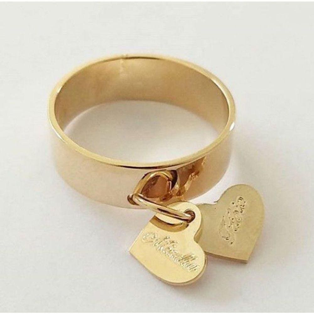 Anel Feminino Pingentes Corações Gravado Personalizado Banho Ouro