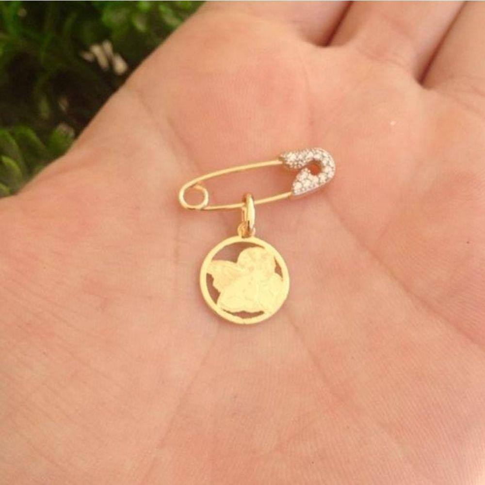 Alfinete Com Pingente Anjo Da Guarda Prata Com Banho De Ouro