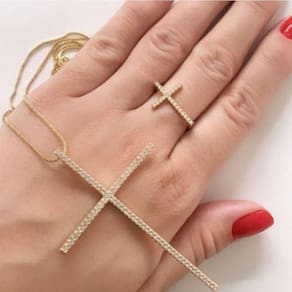 Conjunto Gargantilha Cruz + Anel Cruz Cravejado Banhado A Ouro