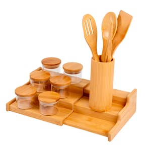 Kit 6 Potes 110Ml Tampa Bambu, Rack Organizador,4 Utensílios