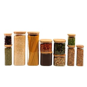 Kit pote hermético vidro quadrado tampa bambu 11 peças Oikos