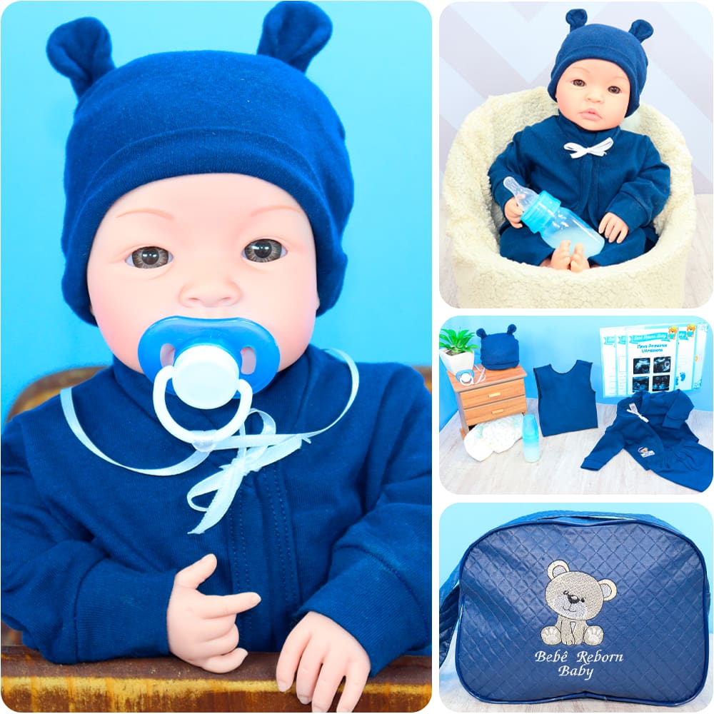 Enxoval Bebê Reborn Menino Bolsa Roupa Azul 10 Acessórios