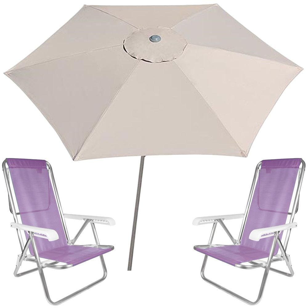 Kit Guarda Sol Ombrelone 2,4m Malibu Bege 2 Cadeira 8 Posições Alumínio Sannet Praia Piscina Camping - Tobee