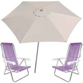 Kit Guarda Sol Ombrelone 2,4m Malibu Bege 2 Cadeira 8 Posições Alumínio Sannet Praia Piscina Camping - Tobee