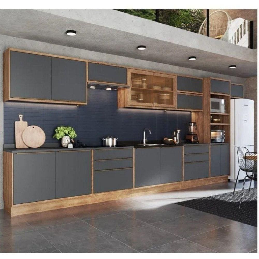 Cozinha Modulada 11 Peças 15 Portas 6 Gavetas com Divisor de Talheres 1 Nicho para Forno Viena Edez Louro Freijó/Cinza Grafitto