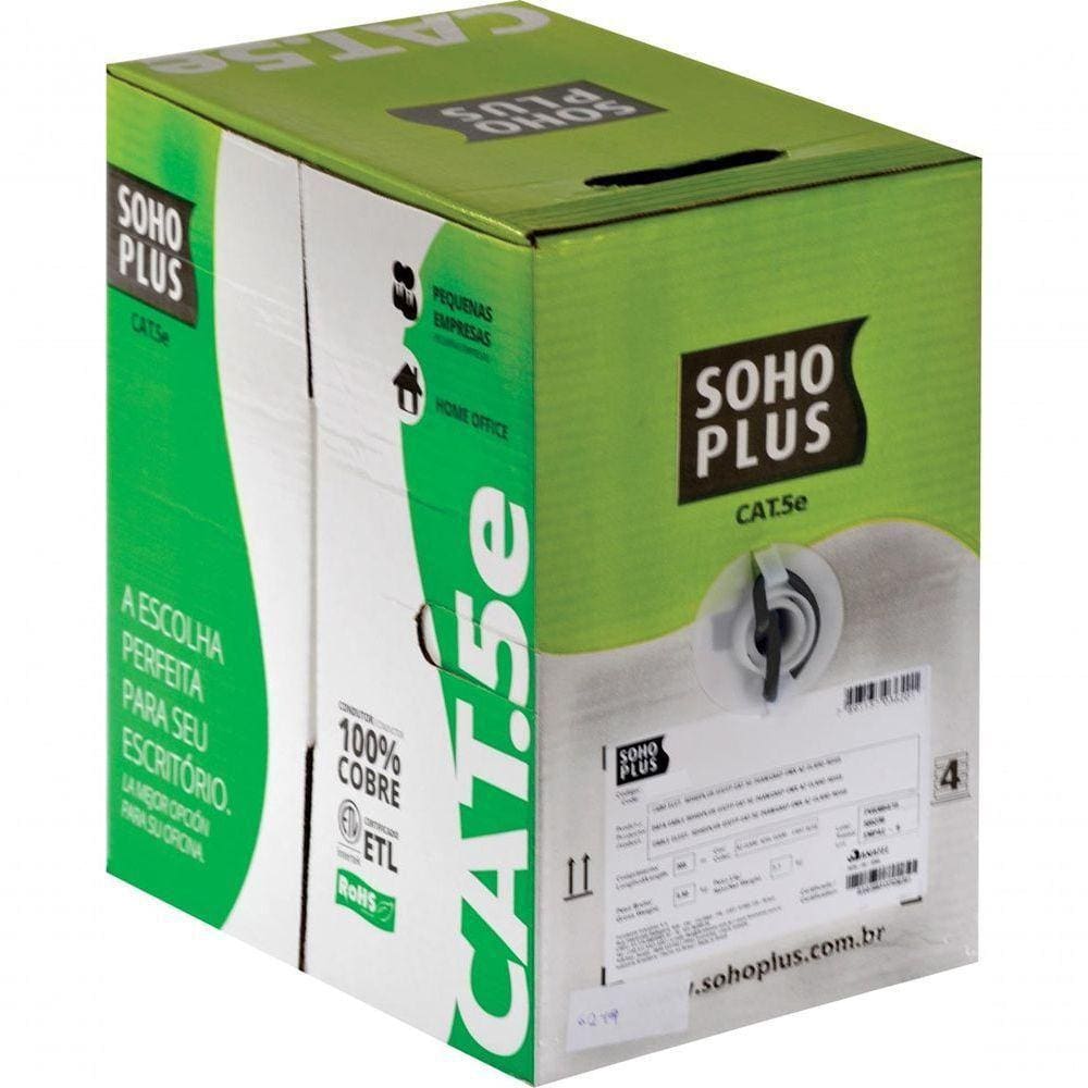 Cabo Lan U/Utp Cat.5E 24 Awg 4 Pares Cmx 305M Preto 100% Cob