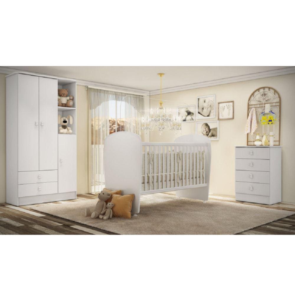 Quarto de Bebê Completo com 1 Berço 1 Cômoda 1 Guarda Roupa Arco-Íris Móveis Percasa Branco Móveis Percasa