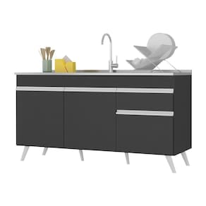 Balcão Cozinha Gabinete Pia 150Cm 3 Portas Preto/branco