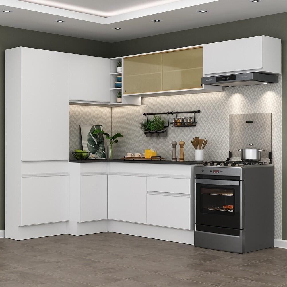 Armário De Cozinha Completa De Canto Com Rodapé Branco