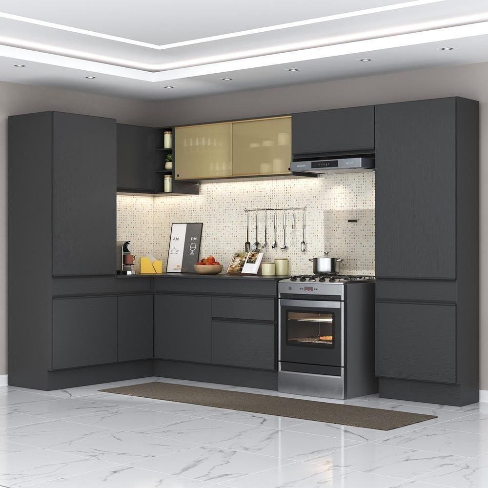 Armário De Cozinha Completa De Canto Com Rodapé Preto