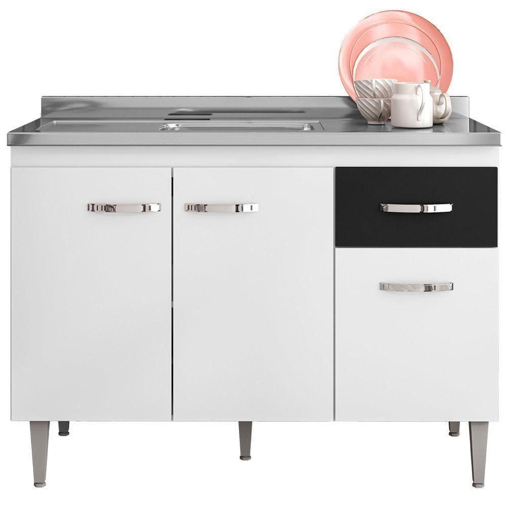 Balcão De Pia Cozinha 3 Portas 120Cm Branco E Preto S/Tampo