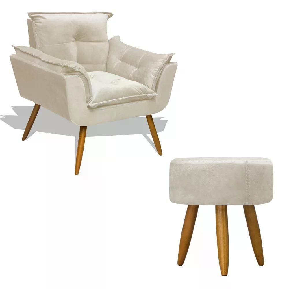 Kit Poltrona Decorativa Opala Com Puff Redondo - Bege Bege