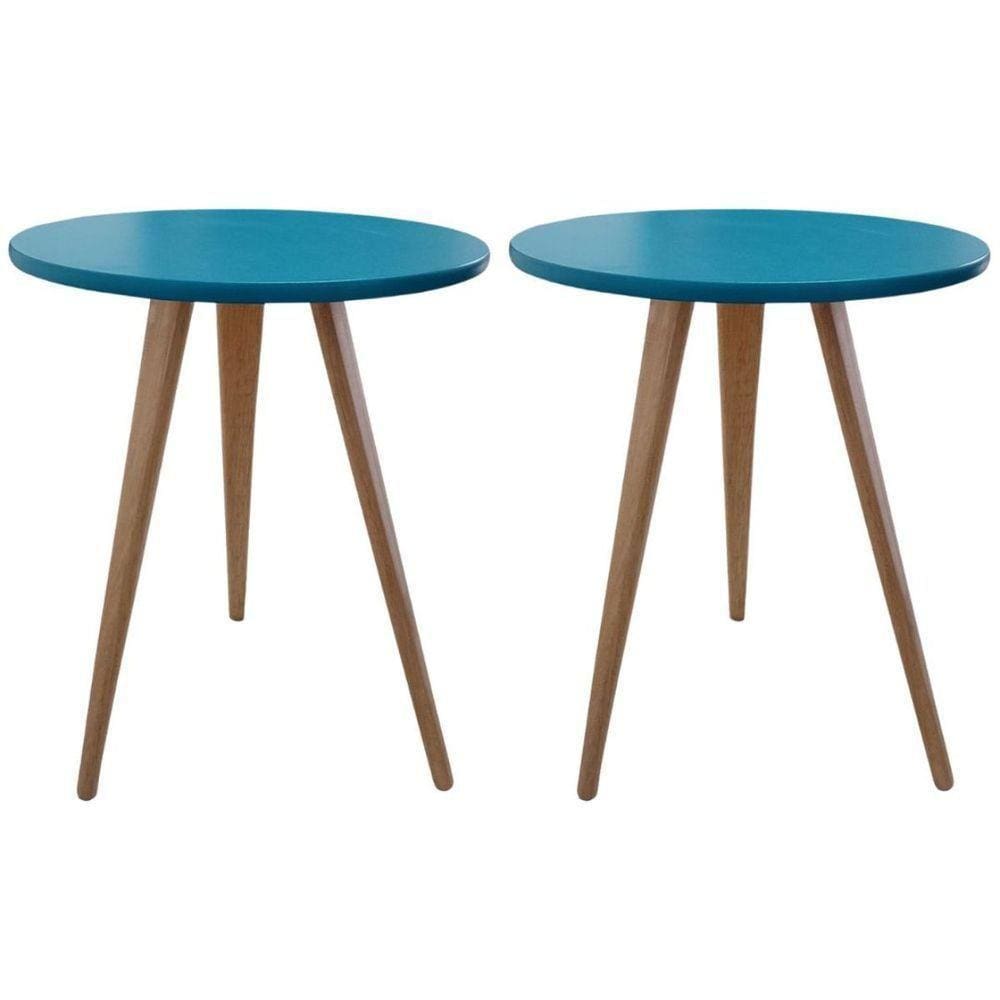 Kit 2 Mesa De Canto Lateral Redonda Hadasa Azul 68Cm