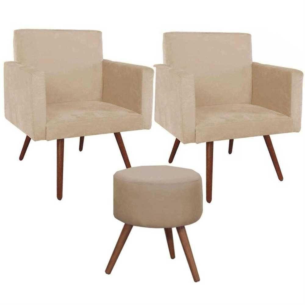 Conjunto 2 Poltronas 1 Puff Redondo Pés Palito Suede Bege