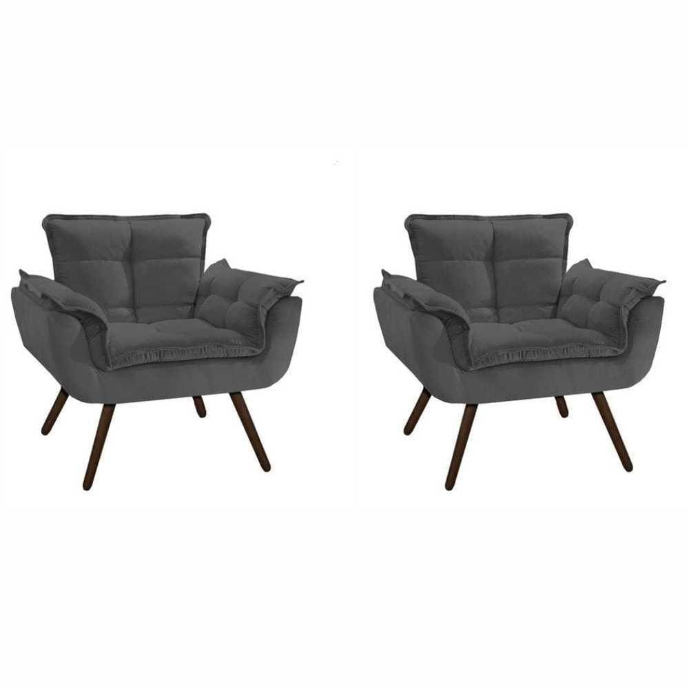 Conjunto 2 Poltronas Para Sala Pés Palito Suede Cinza